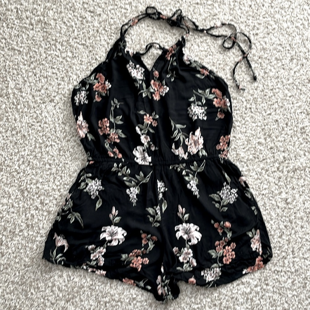 Floral Halter Romper - Black/Pink